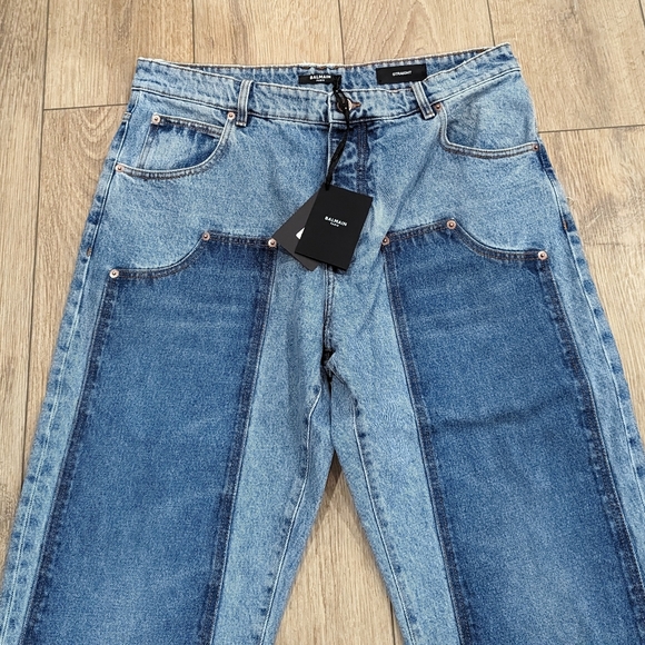 Mens BALMAIN Patchwork Straight Leg Denim Jeans Blue 34 - Picture 2 of 7